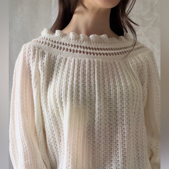 Vintage Cream Off Shoulder Knit Sweater Cottagecore Balloon Sleeve Soft - Picture 8 of 17
